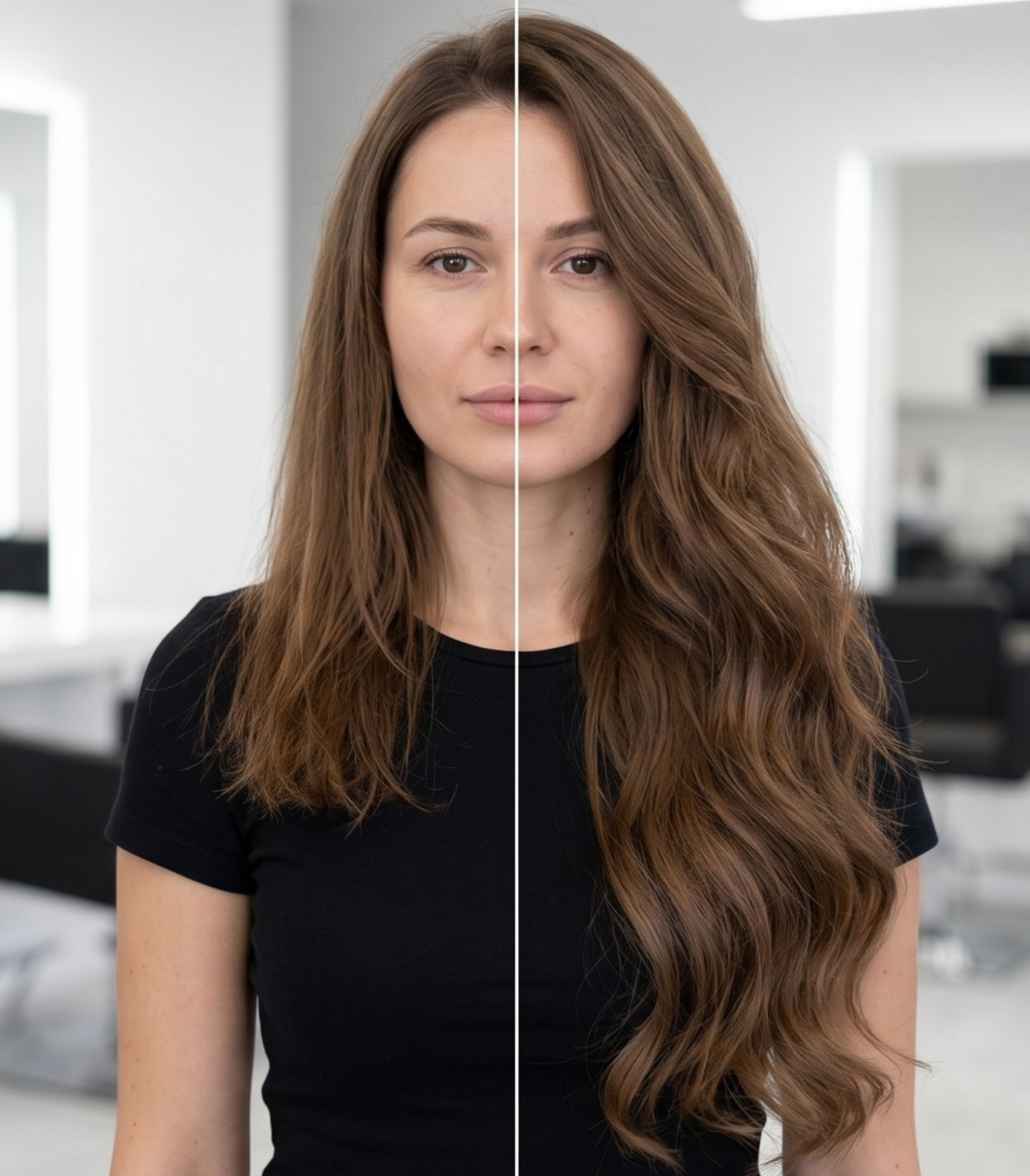 Provador virtual mostrando o antes e depois do mega hair